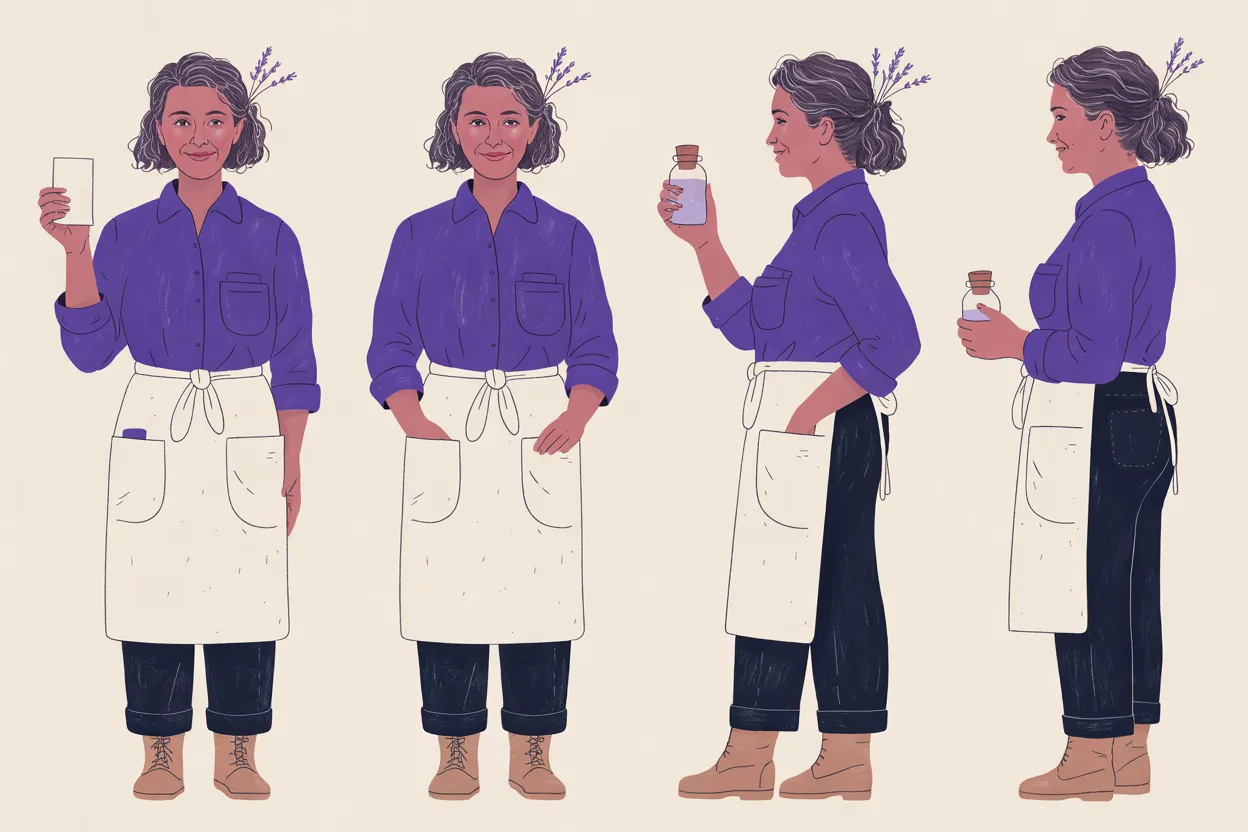 The Perfumer character sheet on a warm cream background: two full-length front views, one holding up a white paper strip and one with her hands in her apron pockets, and two full-length side views holding a small corked glass vial, all with calm closed-mouth expressions. In every view she has grey-streaked curly hair with a lavender sprig and wears a violet shirt with rolled sleeves, a long cream apron, navy trousers rolled at the cuff and tan boots.