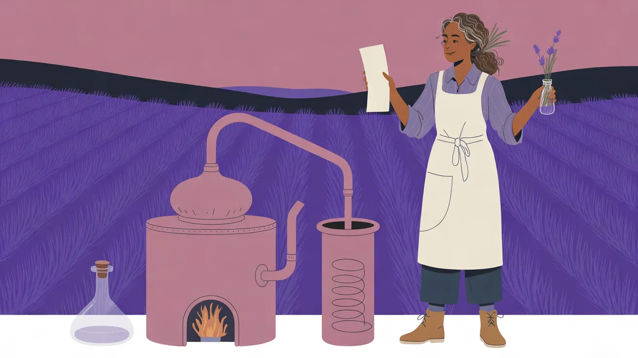 The Perfumer, a woman with warm brown skin and grey-streaked dark curly hair tied back with a sprig of lavender, stands at the right of a lavender field in a lilac shirt with rolled sleeves, a long cream apron, navy trousers and tan boots, holding a white paper smelling strip in one hand and a small glass vial of lavender sprigs in the other. In the field beside her stands a mauve still with a domed top, a glowing firebox and a pipe running into a tall cooling tank with a coil inside, and a glass flask sits at the far left, under a dusky mauve sky.